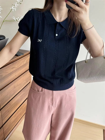 Summer Slim Polo shirt Knitted Short Sleeve T-shirt Sweet Bow Embroidered Knitted  Women Tops