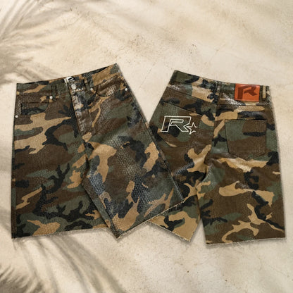 Retro Men Python Patterned Jeans High Street Straight Leg Baggy Wide Leg Camouflage Five Quarter Jeans Hip Hop Rock Unisex Jeans