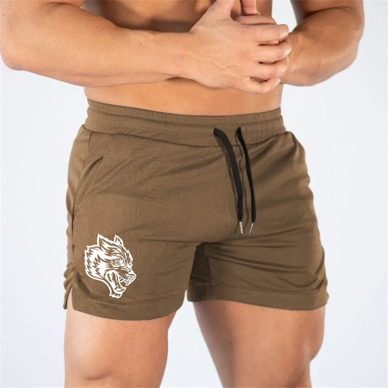 Wolf Logo Quick Dry Mesh Single Layer Running Gym Fitness Bodybuilding Training Shorts Men Jogging Sports Bottoms