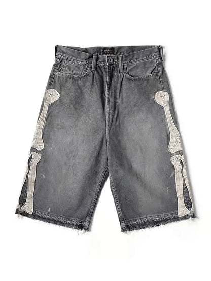 Retro Denim Shorts Y2k Casual Embroidered Bone Denim Shorts