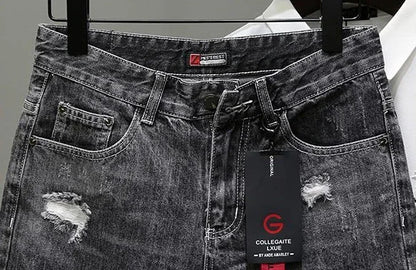 Men's Short Jeans Pants Black Gray Ripped Male Denim Shorts Designer Buttons Popular Emo New in Stretchable Wih Zipper Original