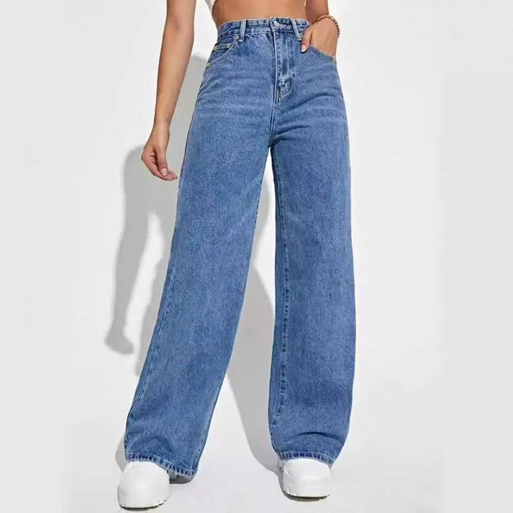 High Waist Denim Pants For Women Stretchy Wide-Leg Jeans With Pockets Casual Straight Leg Summer Autumn Female Jean Trousers
