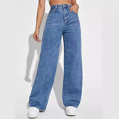 High Waist Denim Pants For Women Stretchy Wide-Leg Jeans With Pockets Casual Straight Leg Summer Autumn Female Jean Trousers