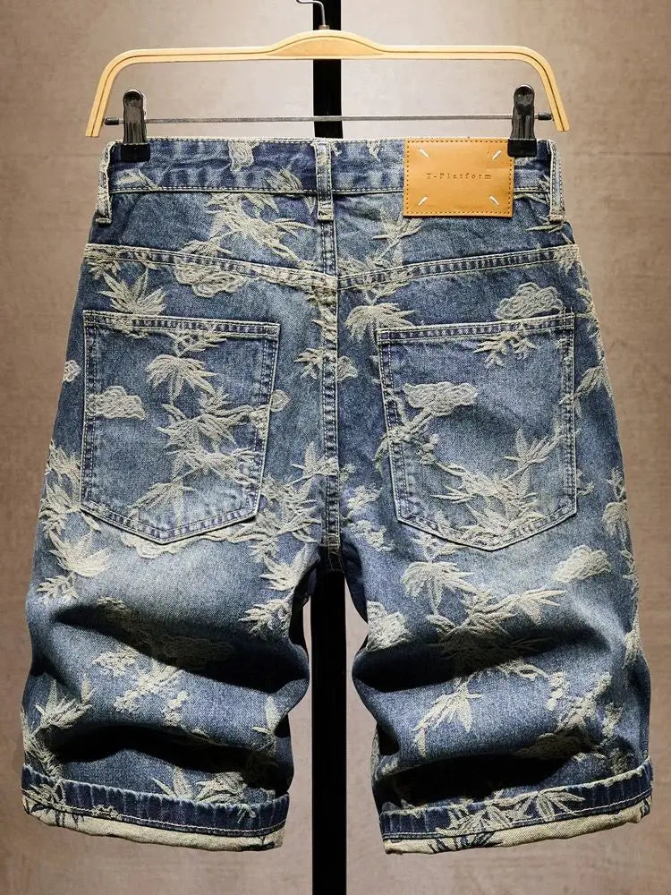 Jacquard Denim Shorts Chinese Style Straight Five-Point Pants Trendy Mid-Length Jeans New Fashion Tide Summer