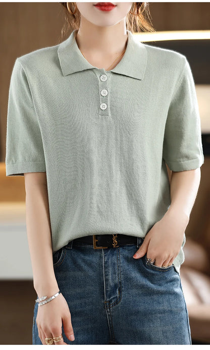 Women's T-shirt Summer 100% Cotton Sweater Short Sleeve Casual Knitted POLO Collar Women's Top Loose Pullover T-shirt Button