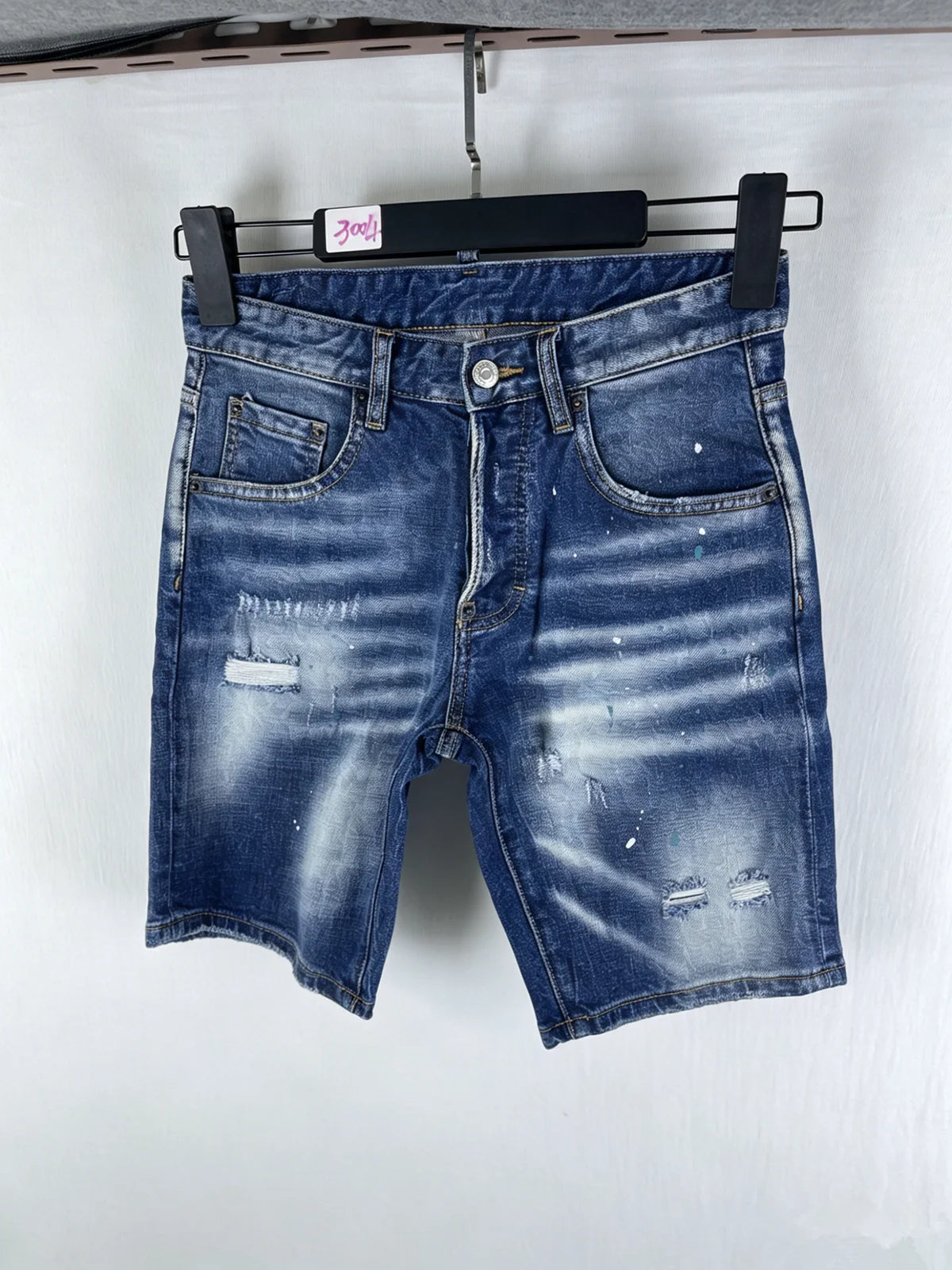 3006 Summer New Men's Jeans Washed Ripped Patch Paint Slim-fit Micro-elastic Denim Shorts Men's Black
