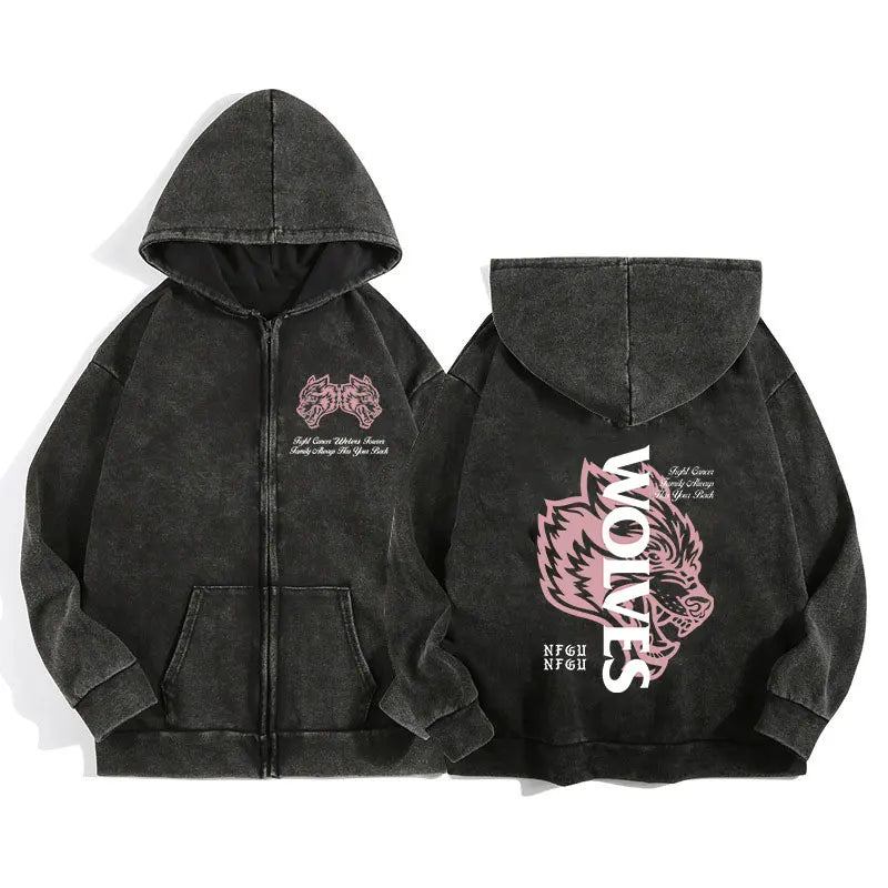 Darc Wolves Sport Zip Up Hoodies for Unisex Cotton Print Gothic Harajuku Jacket Hooded Sweatshirts Casual Manga Pullover