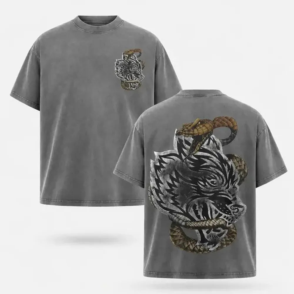 Darc Sport Wolves Snake Double Sided Graphic T Shirt Acid Washed Oversized Heavyweight Cotton Short Sleeve Crewneck