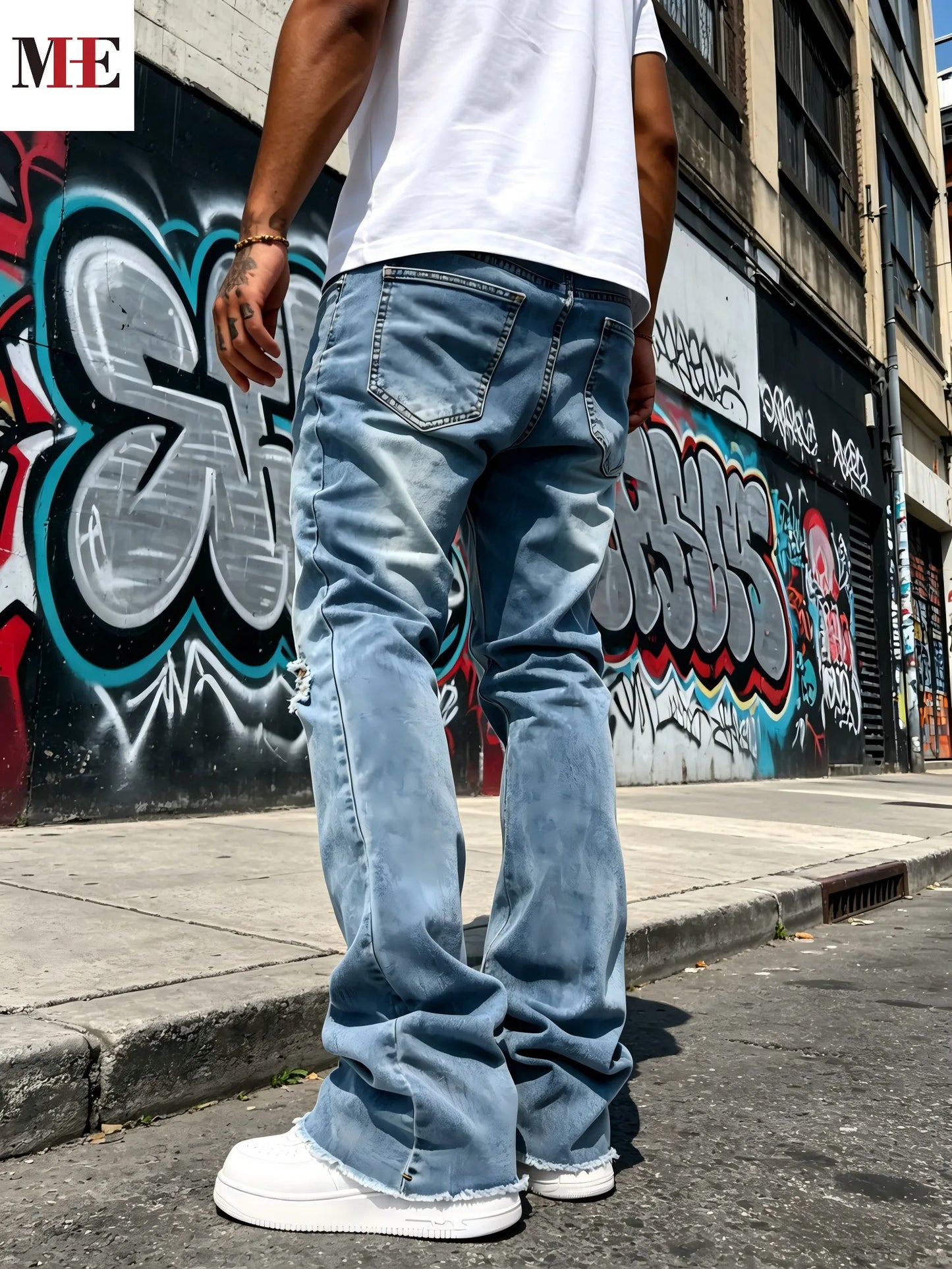 HME Men's Light Blue Denim Pants, Distressed Flared Jeans with Knee Rips & Frayed Hem for Streetwear