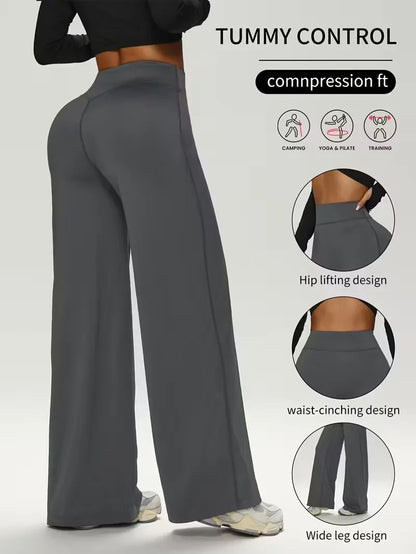 Gym Workout Wide Leg Leggings Women High Waist Tummy Control Loose Yoga Pants Woman Gray Hip Lifting Straight Sports Trousers