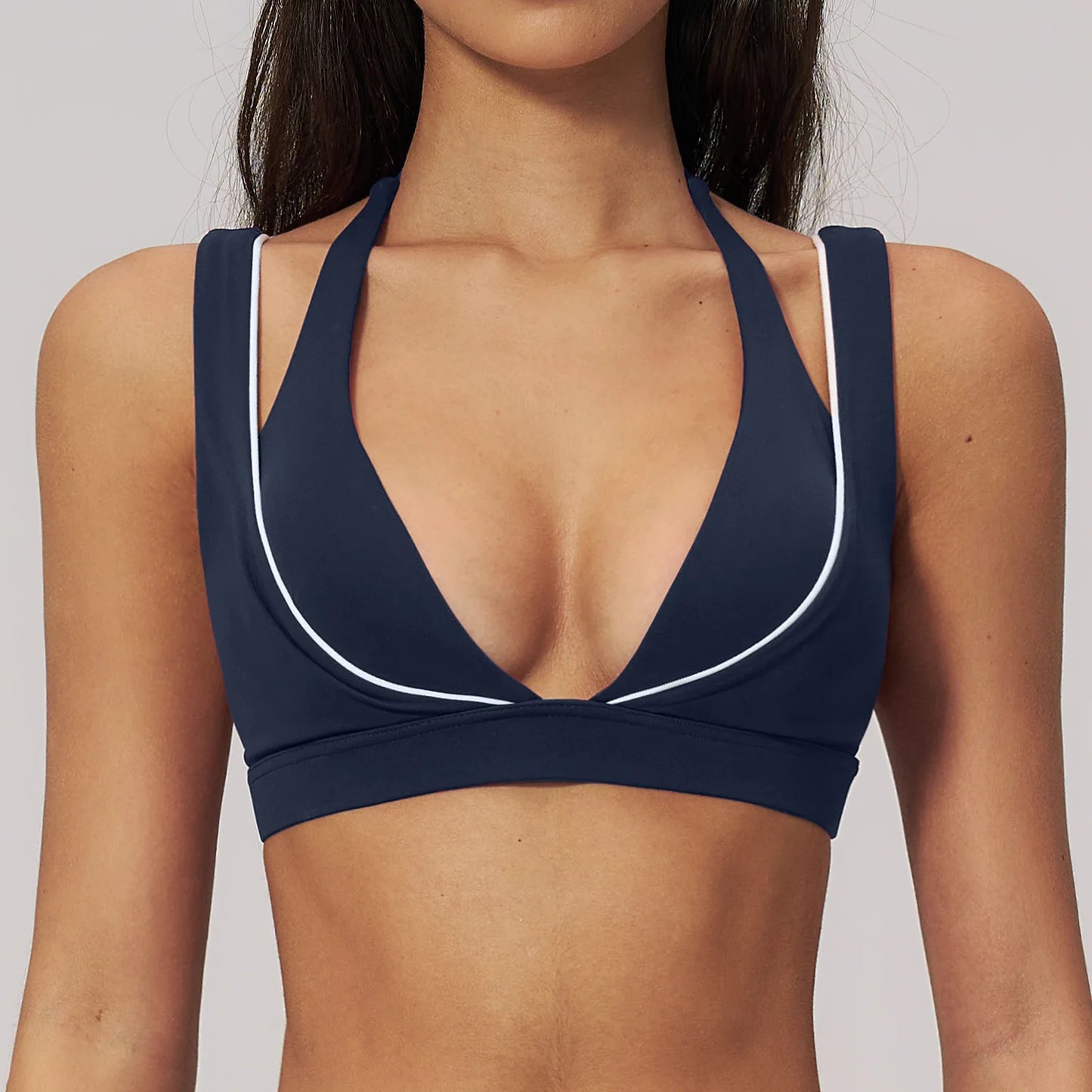 Women Deep V Neck Sports Bra Wide Strap Open V Back Contrast Piping Padded Push Up Gym Workout Top Yoga Bras Activewear Summer