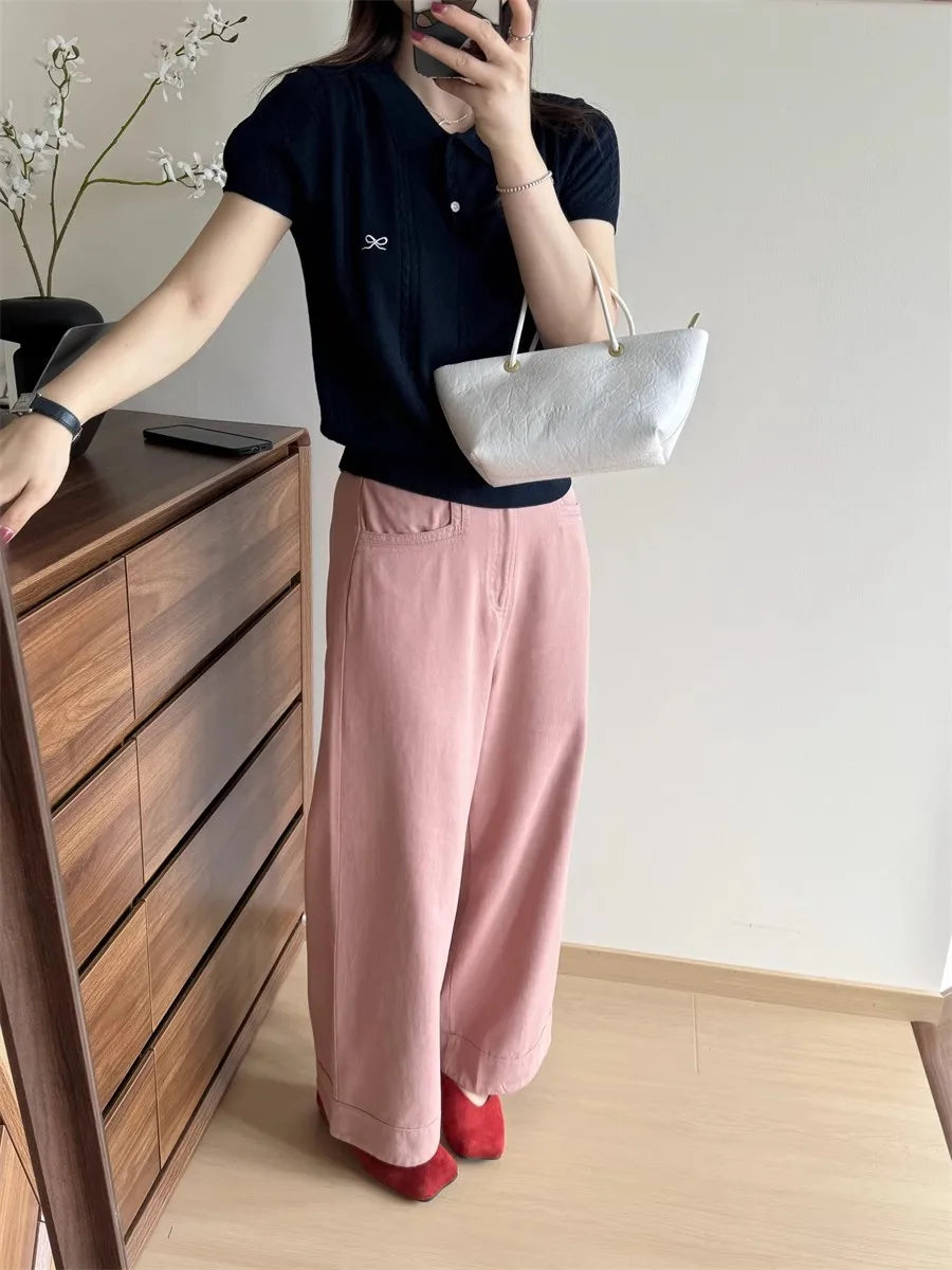 AOSSVIAO Summer New Korean Fashion Slim Polo shirt Knitted Short Sleeve T-shirt Sweet Bow Embroidered Knitted  Women Tops