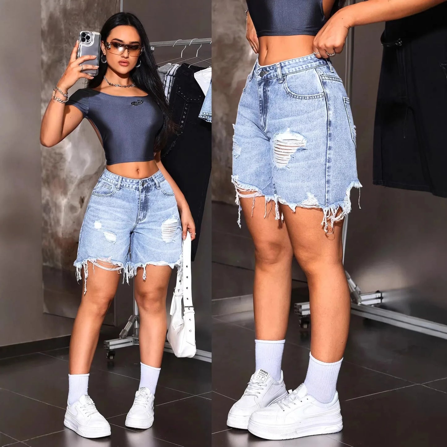 Denim Pant Women Shorts Jeans Vintage Short Pants High Waist Casual Loose Hole Trousers Y2k Streetwear Elegant Summer