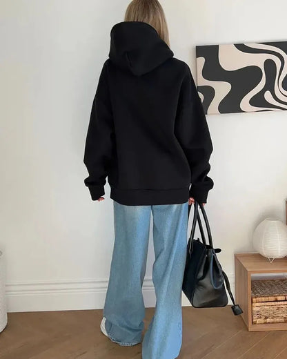Women Oversized Zip Up Hoodie Solid Black Loose Full Zipper Hooded Sweatshirt Casual Pocket Streetwear Soft Thick Hooded Jacket