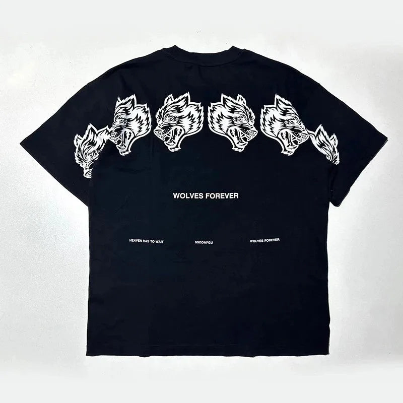 Unisex Wolf Graphic Printed Oversized T-Shirt Cotton Fitness Short Sleeve Tee