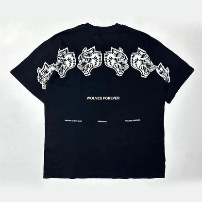 Unisex Wolf Graphic Printed Oversized T-Shirt Cotton Fitness Short Sleeve Tee