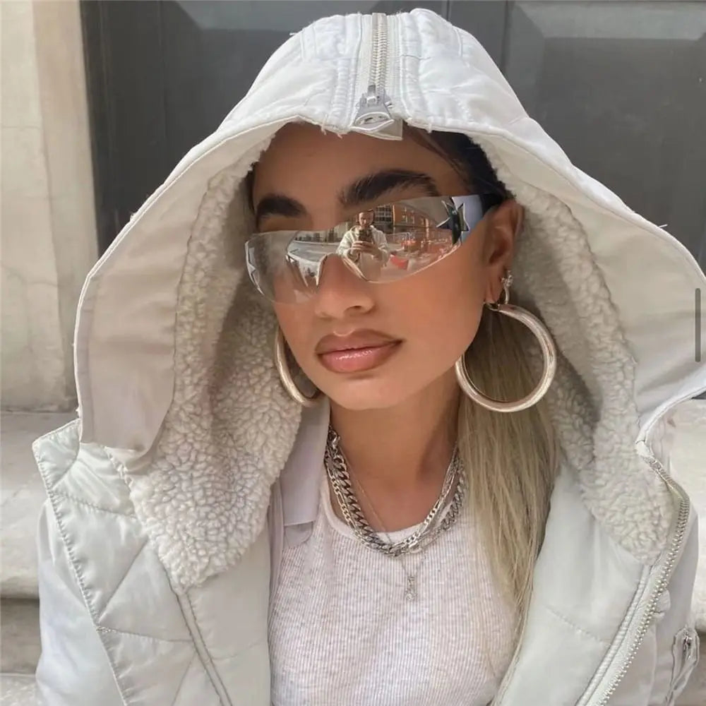 Rimless Punk Sunglasses Goggle Women Men Luxury Brand Wrap Around Sun Glasses Five Star Eyewear Sports One Piece Shades