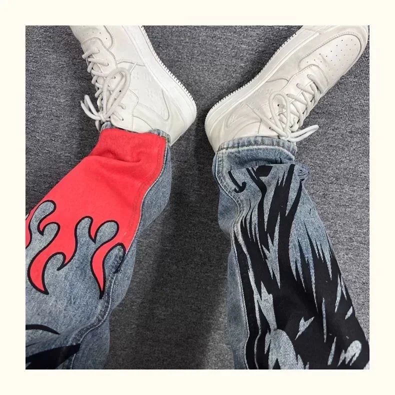 Men's Retro American Street Hip Hop Flame Skull Print Jeans Man High Street Motorcycle Denim Long Pants Baggy Jeans Men Techwear