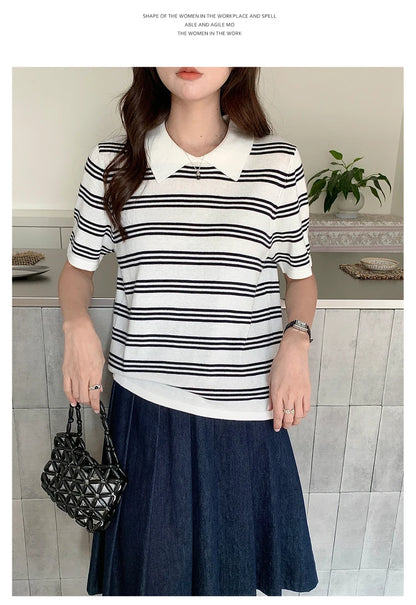 Summer women's100% cotton casual striped knitted T-shirt short sleeved loose POLO collar pullover Korean version fashionable top