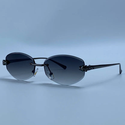 Vintage Rimless Oval Punk Sunglasses Men Luxury Designer Leopard Head Frameless Sun Glasses Hip Hop Outdoor Shades Eyewear