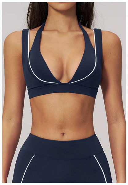 Women Deep V Neck Sports Bra Wide Strap Open V Back Contrast Piping Padded Push Up Gym Workout Top Yoga Bras Activewear Summer