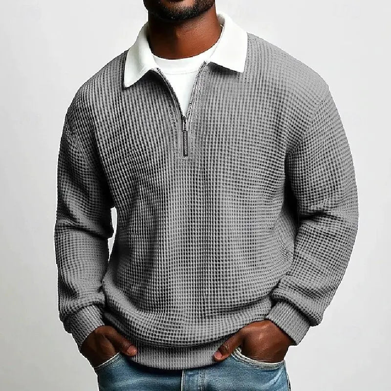 New Style Solid Color Waffle-Knit Long-Sleeve Sweatshirt for Men - Half-Zip Athletic Top (Spring & Autumn Collection)