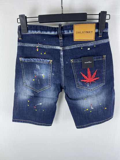 3006 Summer New Men's Jeans Washed Ripped Patch Paint Slim-fit Micro-elastic Denim Shorts Men's Black