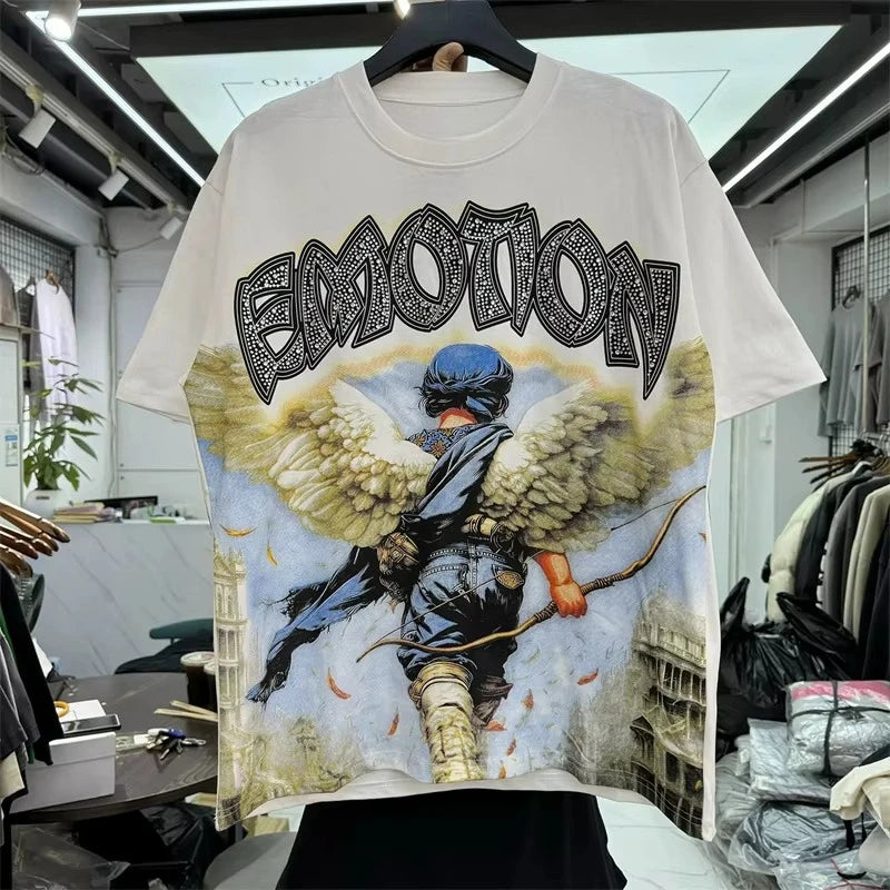 Unisex Couple Street Style Angel Print Summer Top Round Neck Short Sleeve T-Shirt