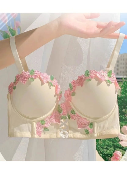 MOYISU New Vintage Embroidery Cream Sweet Flowers Pastoral Field Sexy Underwear for Women Small Breasts Pure Desire Gathered Up