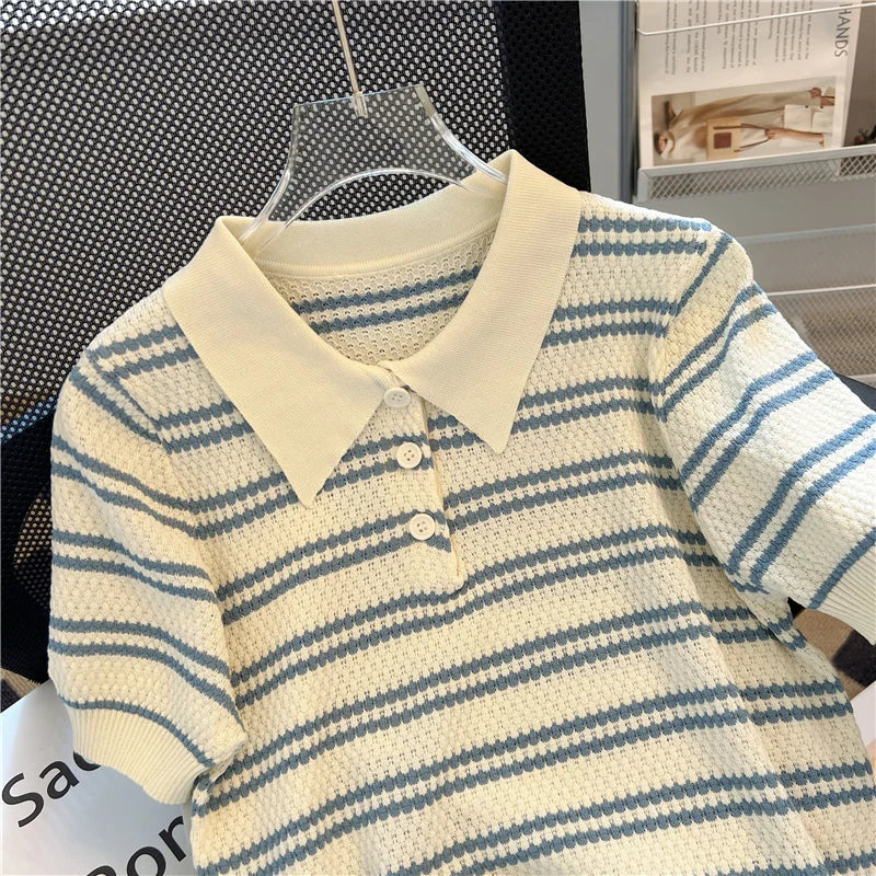 Polo Neck New Women's Knitting T-Shirt Striped Short Sleeve Women T Shirt for Female Slim Tops Woman T Shirts Clothing S145