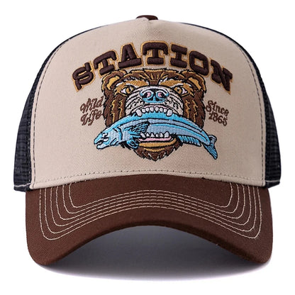 Bear Eating Fish Streetwear Hat Truck Hat Outdoor Skateboarding Hat Sunshade Baseball Hat Breathable Mesh Hat