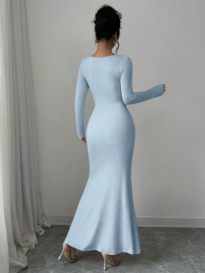 Women's Four Seasons New Style Women's Elegant Temperament Retro Solid Color Square Collar Long Sleeve Dress
