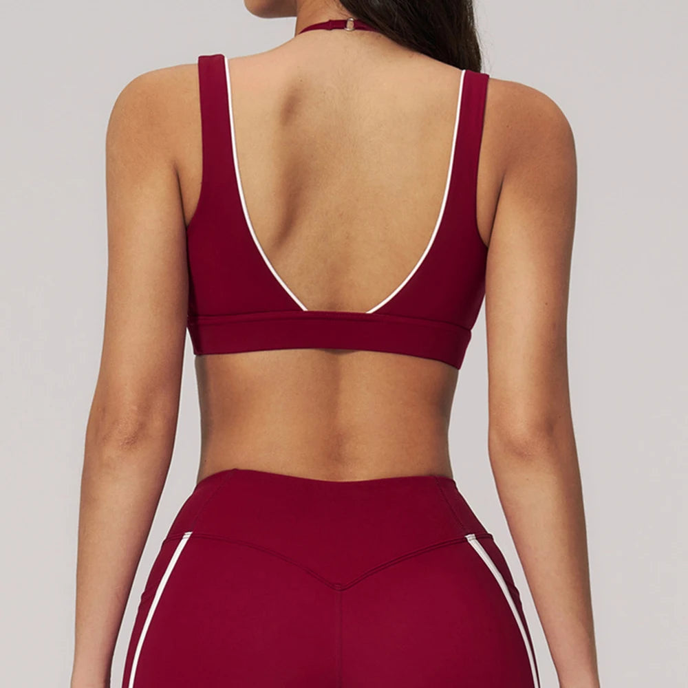 Women Deep V Neck Sports Bra Wide Strap Open V Back Contrast Piping Padded Push Up Gym Workout Top Yoga Bras Activewear Summer