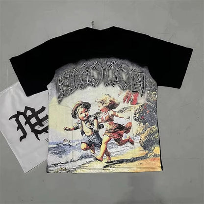 Unisex Couple Street Style Angel Print Summer Top Round Neck Short Sleeve T-Shirt