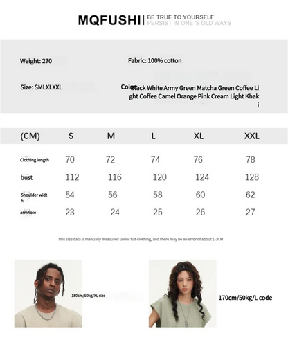 270gsm Summer Tank TopSleeveless T shirt 100% Cotton Solid Color Men Oversized Causal O-neck Basic T-shirt High Quality