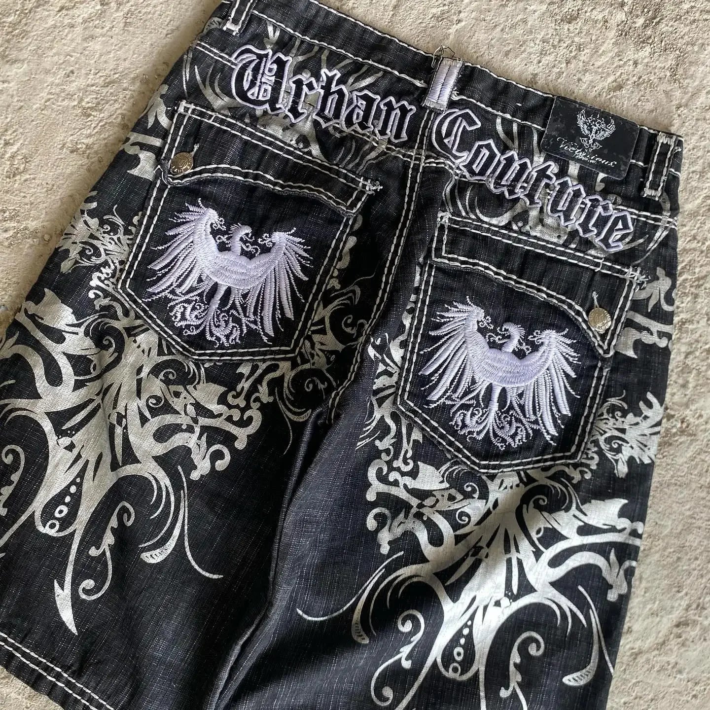 Denim shorts hip hop heraldic embroidered boy and girlfriend punk casual basketball shorts Y2K Harajuku retro street wear