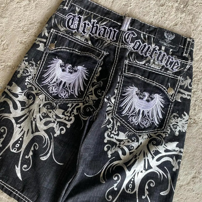 Denim shorts hip hop heraldic embroidered boy and girlfriend punk casual basketball shorts Y2K Harajuku retro street wear