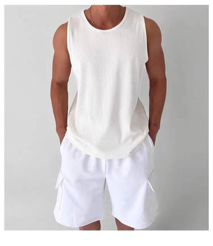 Men's White Ribbed Tank Top Summer Loose Fit Round Neck Gym Workout Sleeveless T-Shirt Sport Breathable Muscle Vest