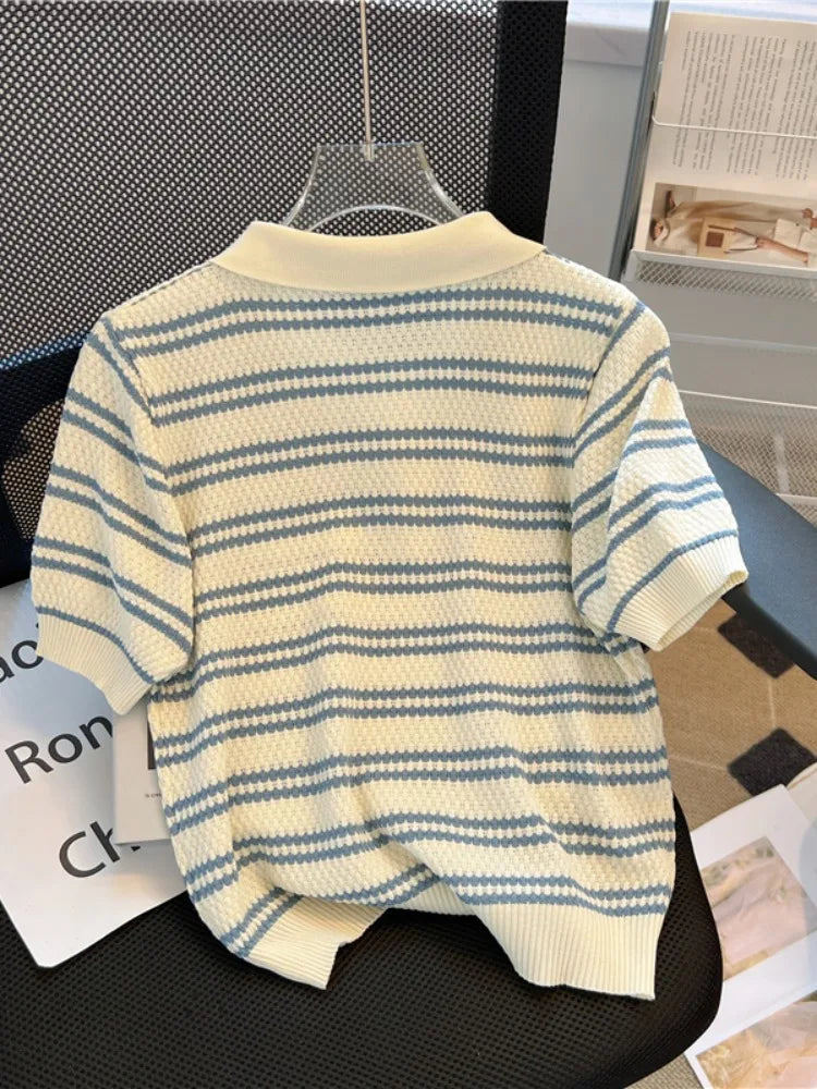 Polo Neck New Women's Knitting T-Shirt Striped Short Sleeve Women T Shirt for Female Slim Tops Woman T Shirts Clothing S145