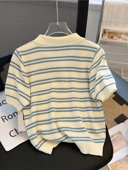 Polo Neck New Women's Knitting T-Shirt Striped Short Sleeve Women T Shirt for Female Slim Tops Woman T Shirts Clothing S145