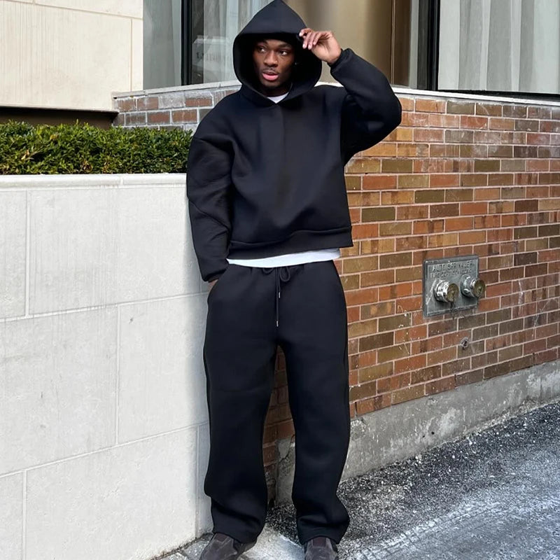 Male Autumn New 2 Piece Set Casual Solid Couple's Hooded Sweatshirt Loose Sweatpants Jogging Sweatshirt Trousers Outfits Suits ﻿