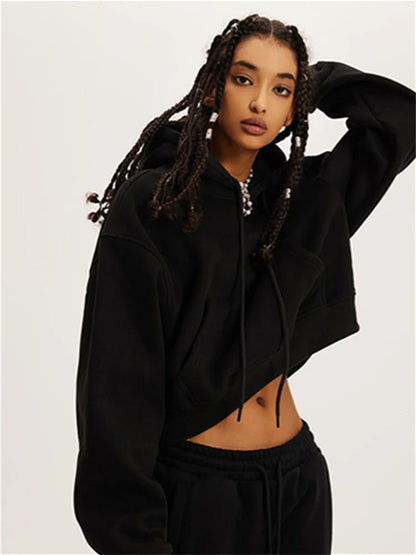 Profashion  Loose Hoodies Women Autumn Winter Long Sleeve Crop Top Streetwear Solid Drawstring Hooded Shirt Casual Female Sweatshirt