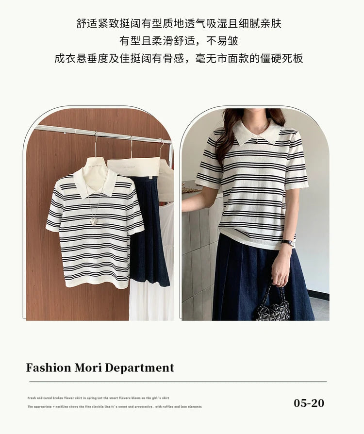 Summer women's100% cotton casual striped knitted T-shirt short sleeved loose POLO collar pullover Korean version fashionable top