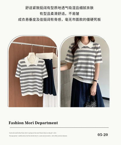 Summer women's100% cotton casual striped knitted T-shirt short sleeved loose POLO collar pullover Korean version fashionable top