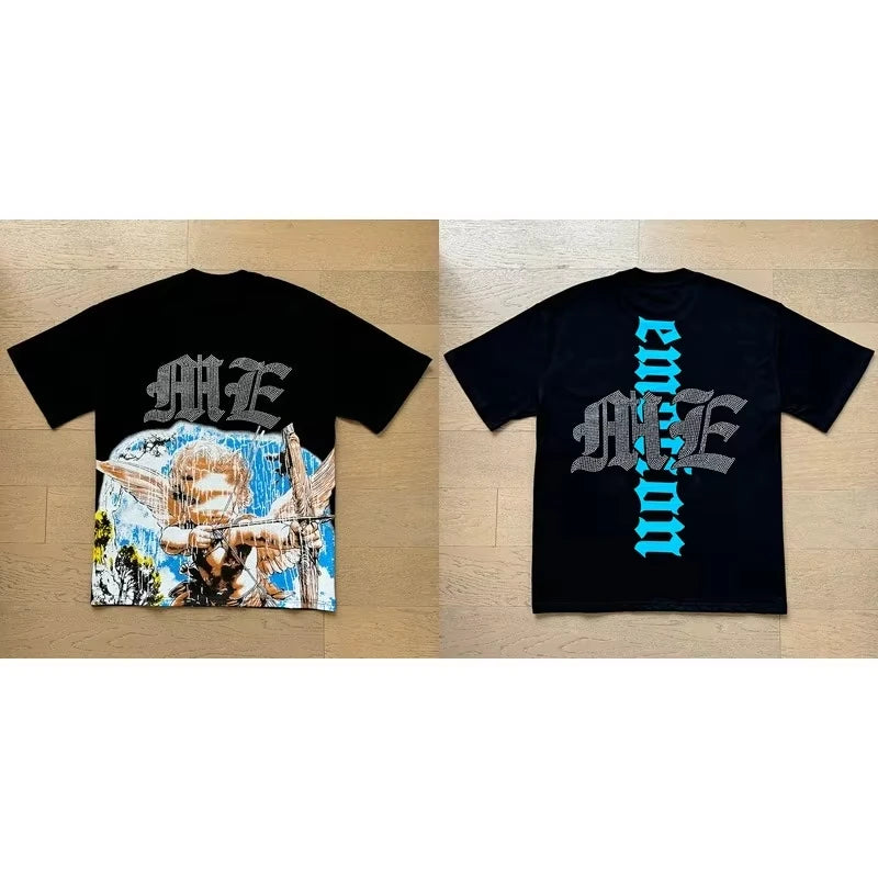 Unisex Couple Street Style Angel Print Summer Top Round Neck Short Sleeve T-Shirt