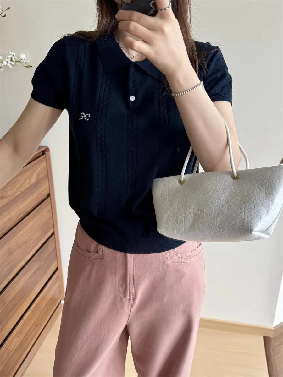 AOSSVIAO Summer New Korean Fashion Slim Polo shirt Knitted Short Sleeve T-shirt Sweet Bow Embroidered Knitted  Women Tops