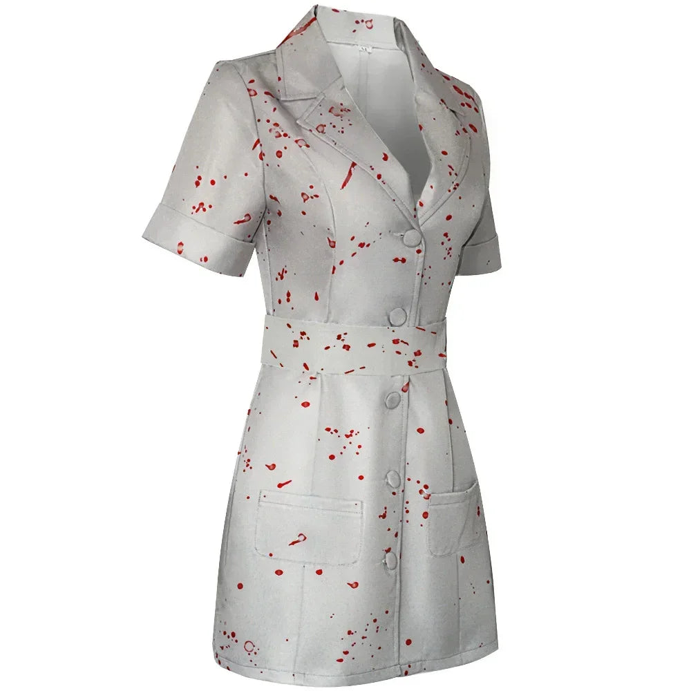 Silent Hill Nurse Cosplay Costume, Womens White Bloodstained Uniform With Belt And Hat, Halloween Fancy Dress For Comic