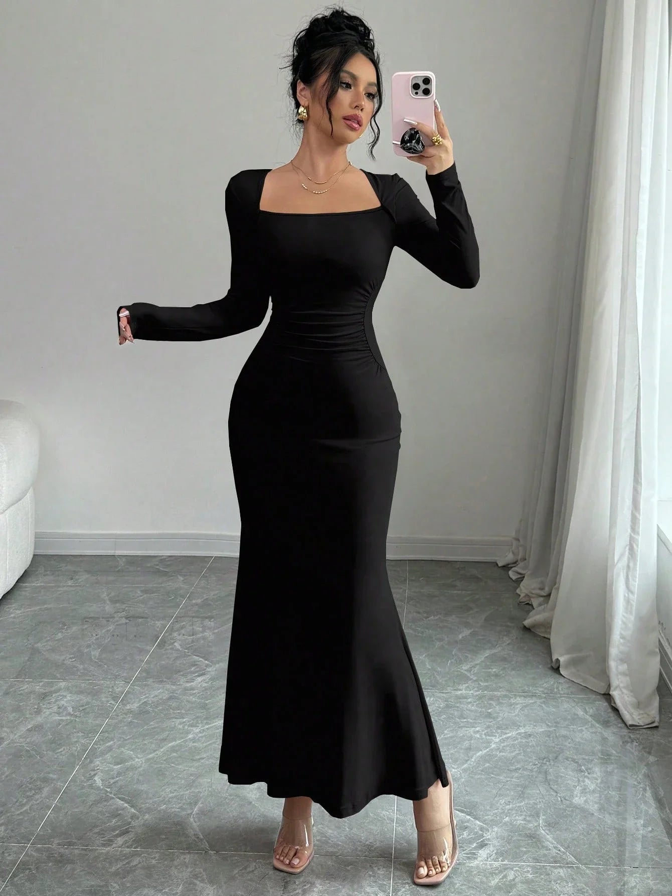 Women's Four Seasons New Style Women's Elegant Temperament Retro Solid Color Square Collar Long Sleeve Dress