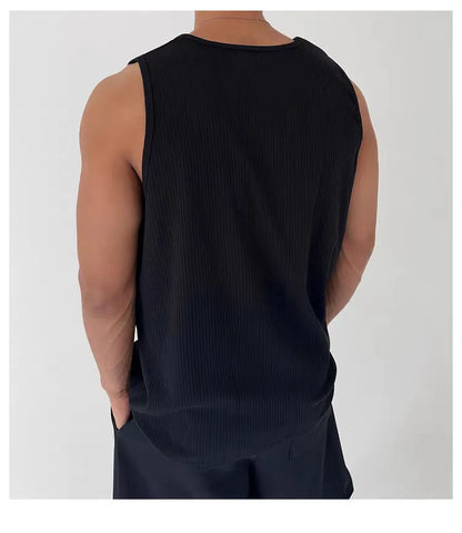 Men's White Ribbed Tank Top Summer Loose Fit Round Neck Gym Workout Sleeveless T-Shirt Sport Breathable Muscle Vest