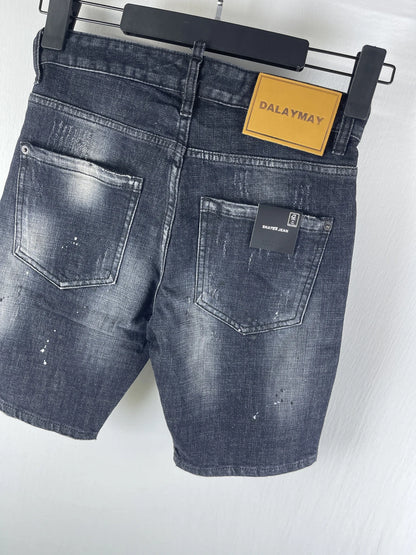 3006 Summer New Men's Jeans Washed Ripped Patch Paint Slim-fit Micro-elastic Denim Shorts Men's Black